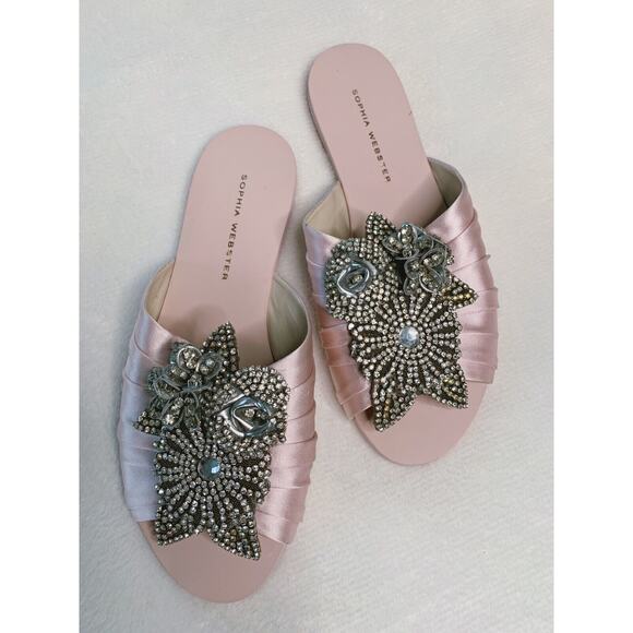 Sophia Webster Shoes - Sophia Webster Flats Lilico Crystal Pink Ruched Satin Slide Sandals 36.5